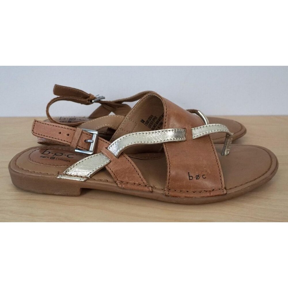 Born Concept BOC Tan Brown Leather Strappy Buckle Thong Sandals Size 8